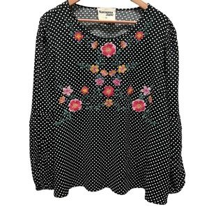 SAVANNA JANE 1X Blk White Dot Floral Embroidered Peasant Puffy Sleeve Boho Top